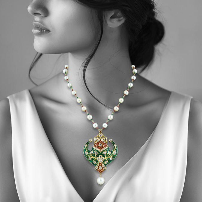 Pearl Necklace with Green-Red Enamel Pendant